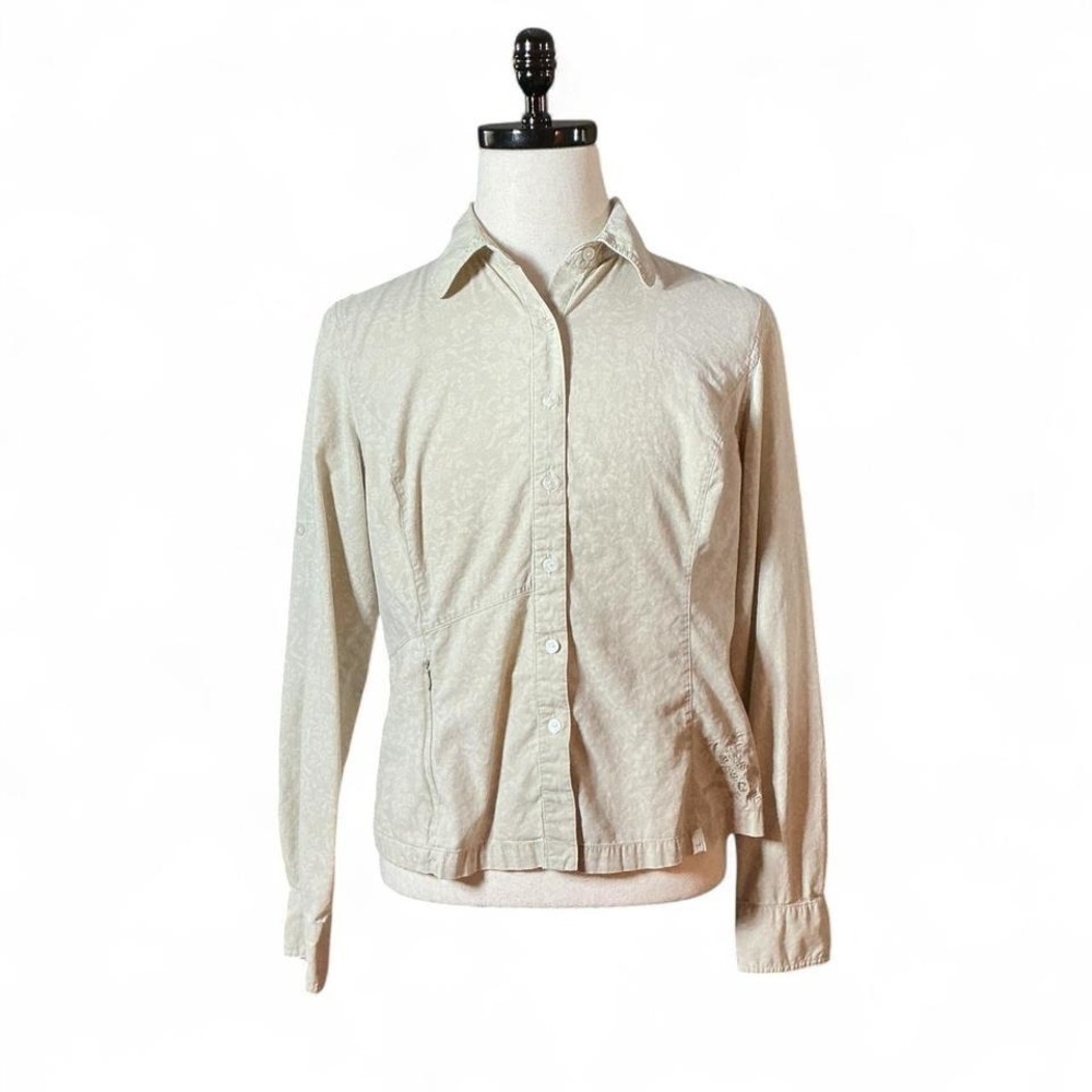 Merrell Womens Long Sleeve Button Up Shirt Beige Floral Print bio-blend Size XL‎